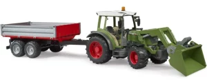 Traktor Fendt Vario 211 z ładowaczem czołowym i srebrną przyczepą