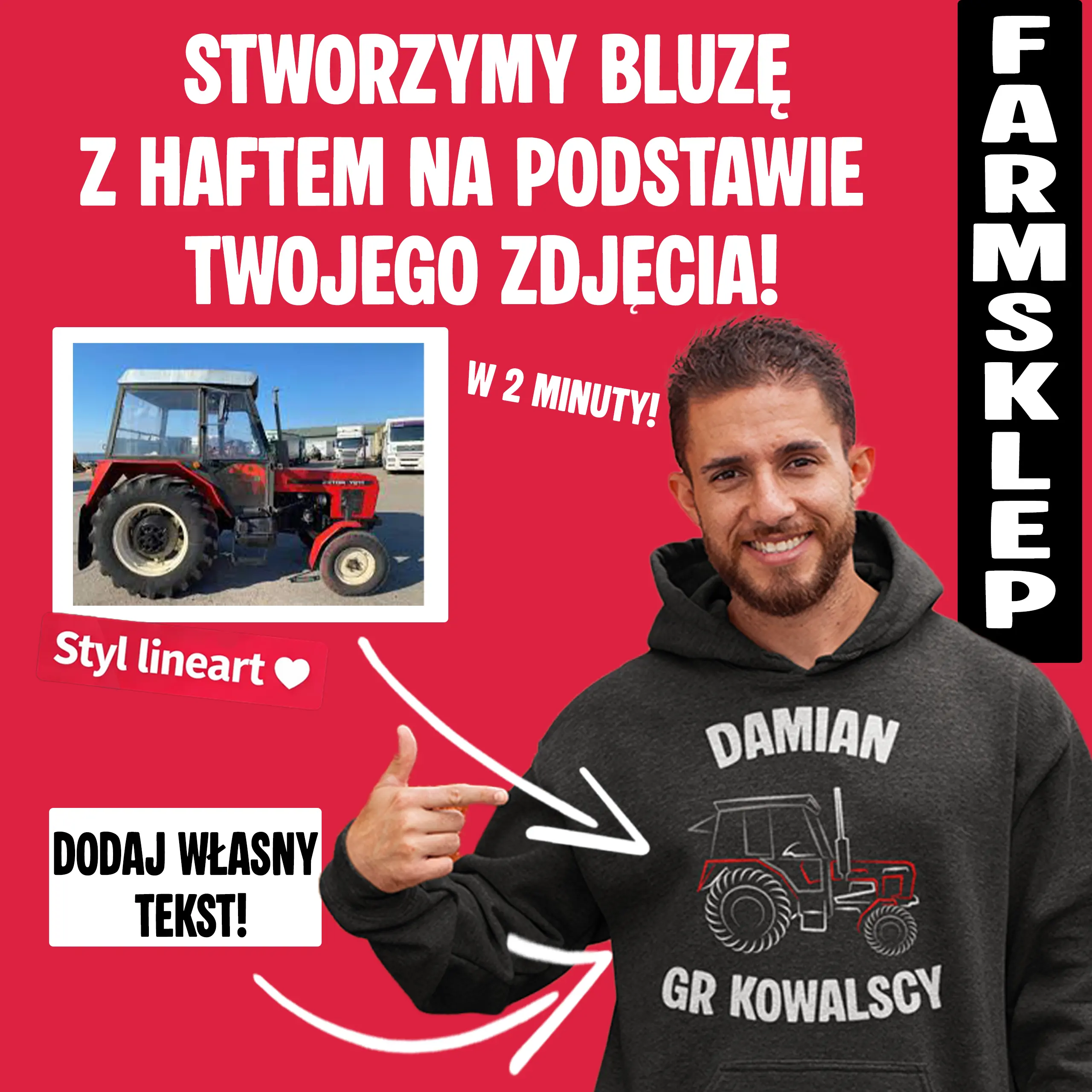 Bluza rolnicza z własnym haftem ciągnika, maszyny rolniczej, kombajnu LINEART | Personalizowana Kreator
