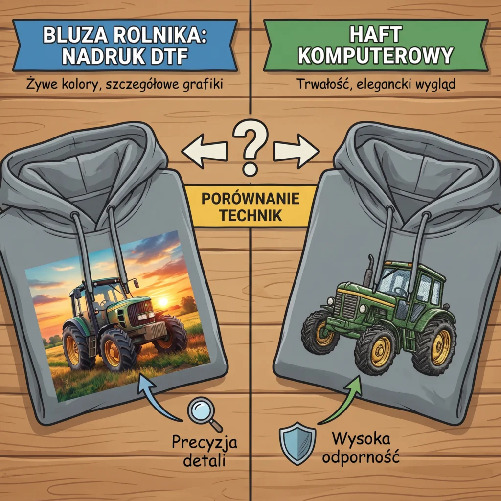 Bluza dla rolnika: nadruk DTF czy haft komputerowy? Porównanie