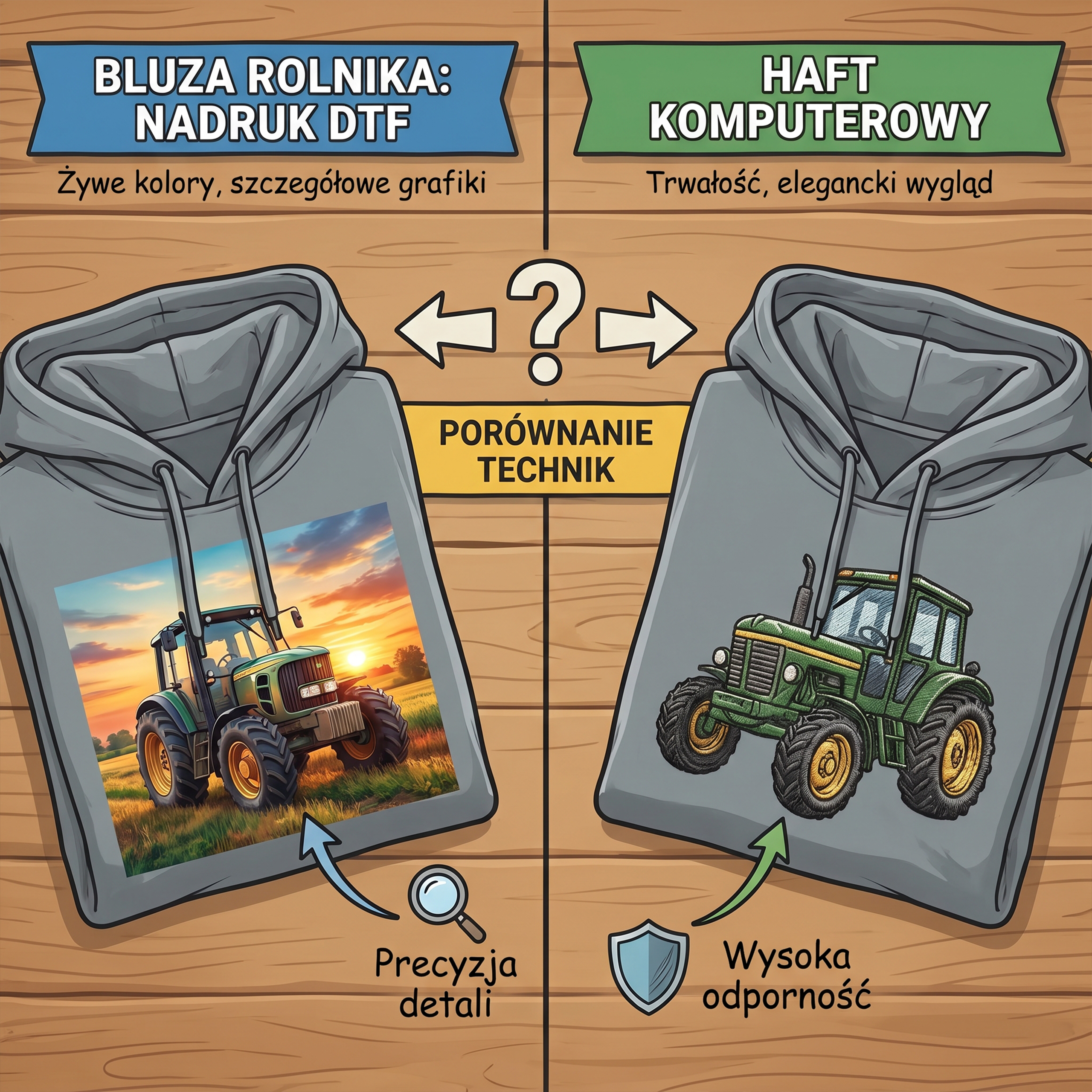 Bluza dla rolnika: nadruk DTF czy haft komputerowy? Porównanie